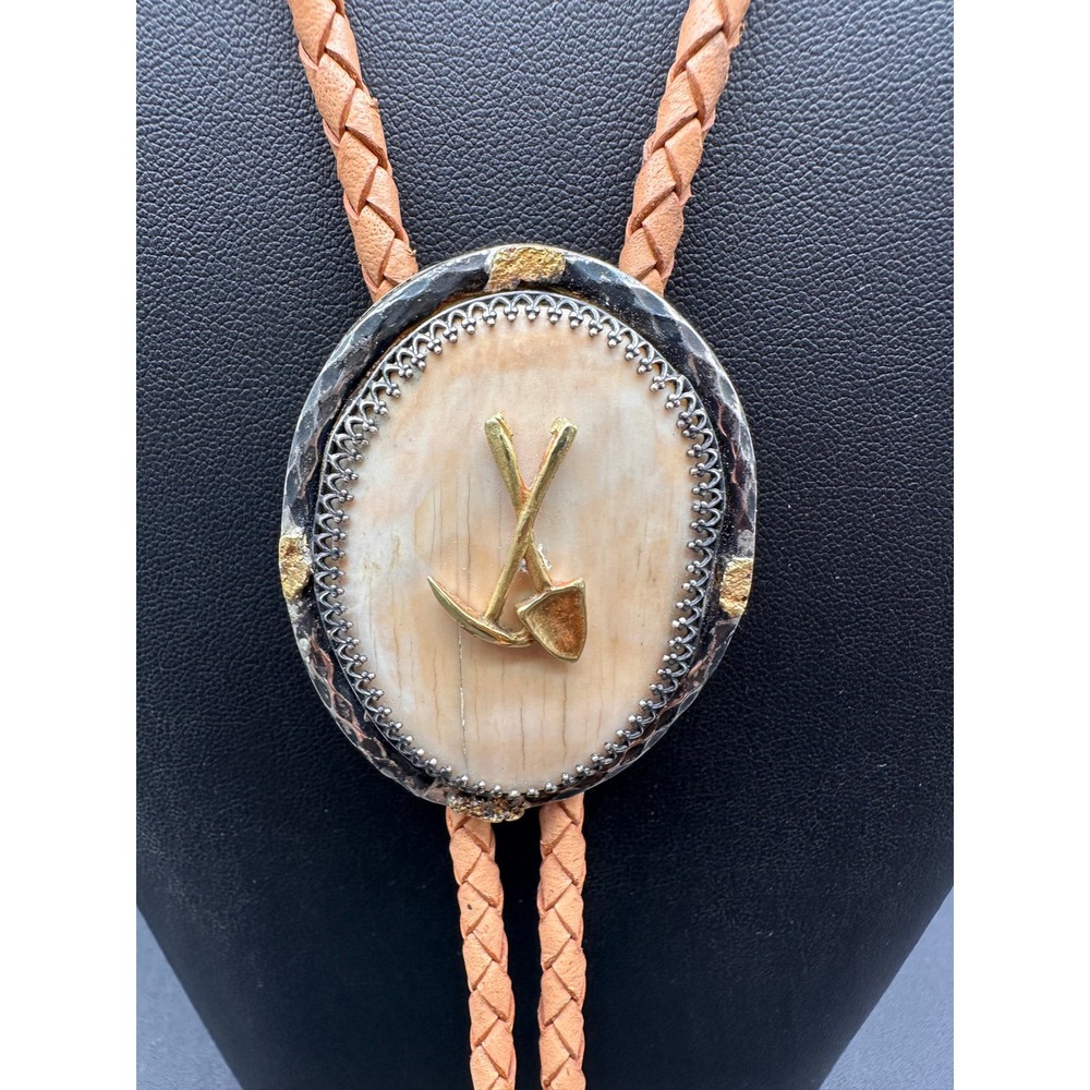 Vintage 1970's Sterling Silver Gold Nugget Bolo Tie Mining Pick Shovel Western